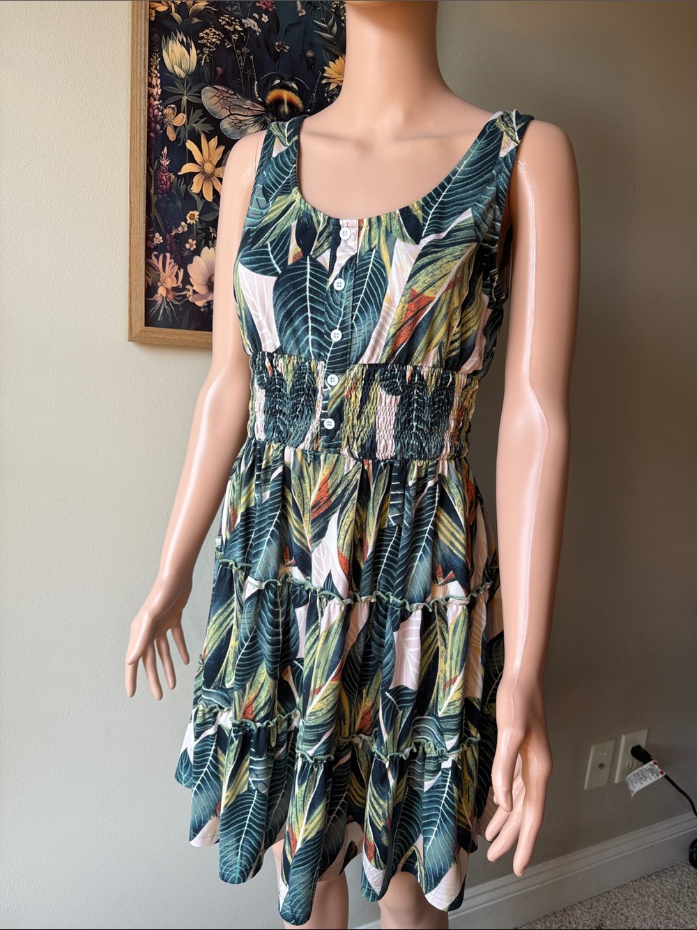 Tropical Leaf Tiered Sleeveless Dress - Green
